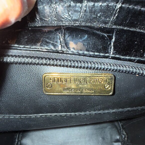 Stuart Weitzman Faux Leather Croco Embossed Patent Shoulder Bag Women's Black - Picture 11 of 11